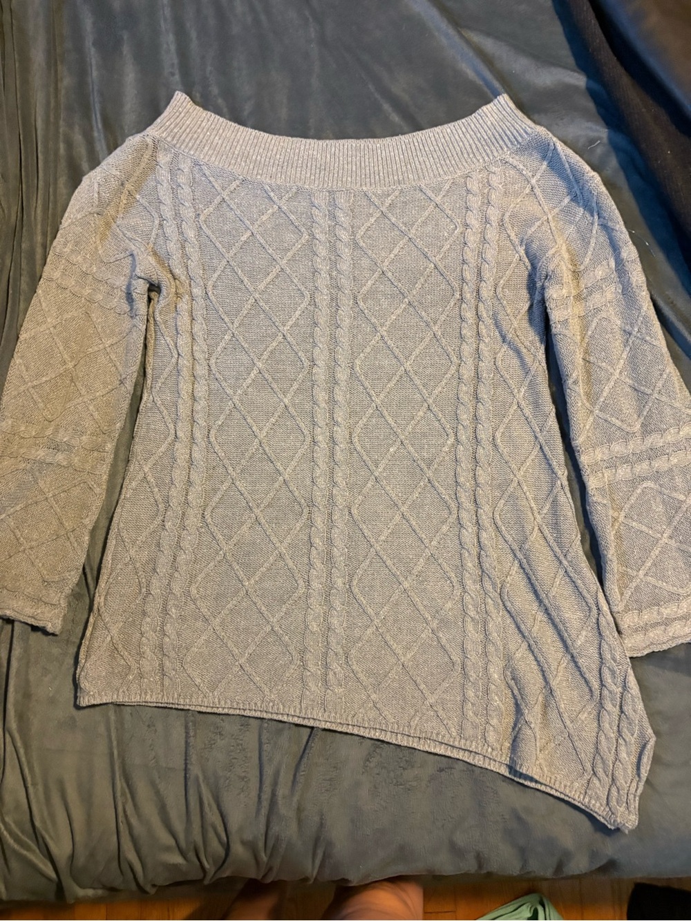 Buckle Light Gray Off-the-Shoulder Cable Knit Sweater